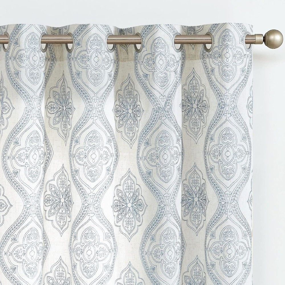 Farmhouse Linen Curtain Panels (2), Each 50"W x 96"L, Damask Blue w/ Grommets